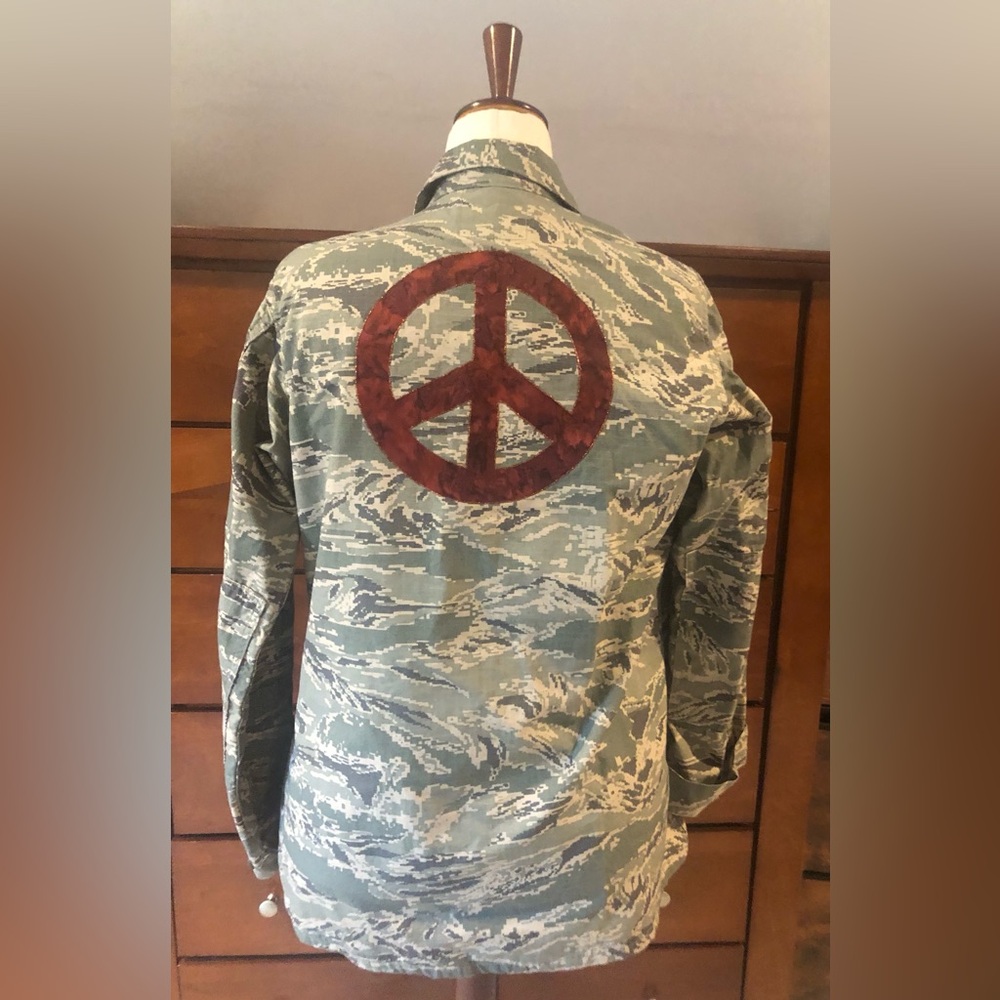 Olive Green Camo Utility Jacket with Red Peace Emblem